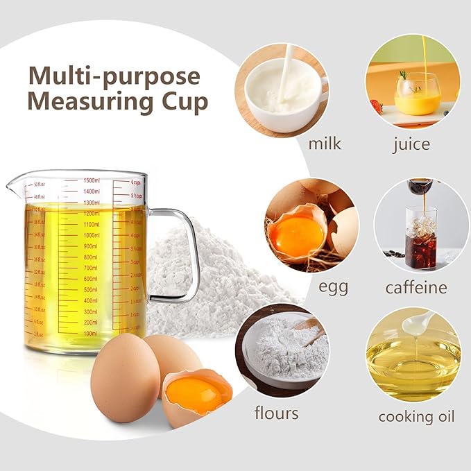 WhiteRhino Glass Measuring Cup,6Cup/1500ml/50oz Liquid Measuring Cups, Measuring Cup With Handle and V-Shaped Spout, Glass Beaker with Three Scales (OZ, Cup, ML), Dishwasher/Freezer/Microwave Safe