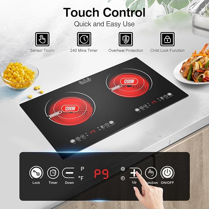 VBGK 2 Burner Electric Cooktop,110V 2400W Electric Stove Top with Touch Control,9 Heating Level,Timer & Kid Safety 2 burner cooktop.