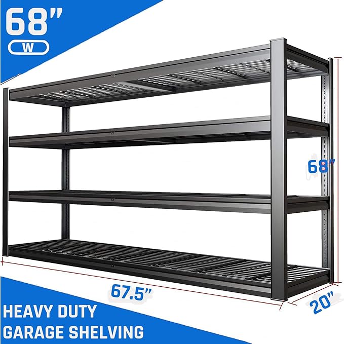 67" W Garage Shelving Heavy Duty, 4 Tier Garage Shelves, 68" H Adjustable Storage Shelving Unit, Commercial Metal Shelves for Warehouse, Basement, Shop, 67" W x 20" D x 68" H,2 Pack
