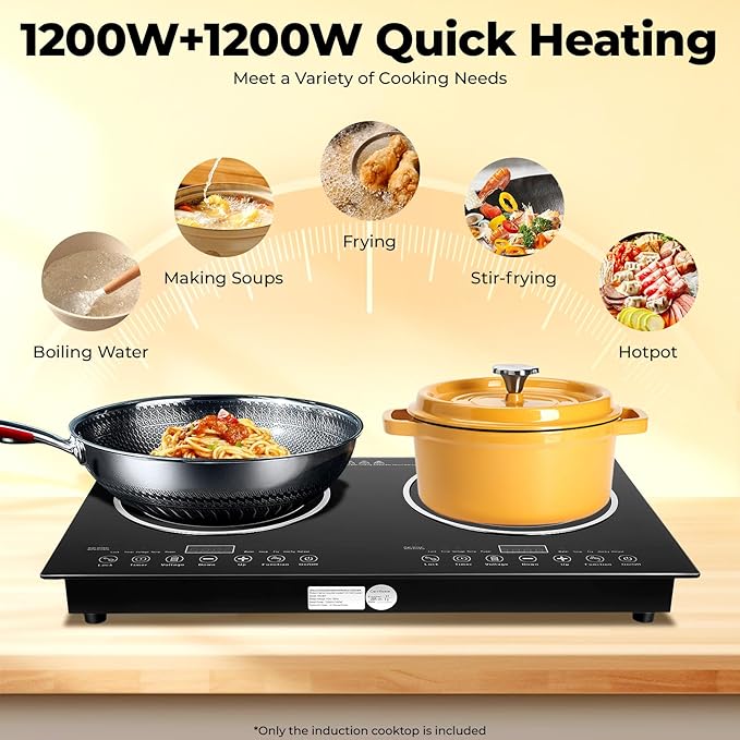 Double Induction Cooktop, 1200W+1200W Electric Cooktop with LED Display and Timer, Built-in and Countertop Stove Top for 4.72-9.65 inches Diameter for Home Kitchen, Flat, Restaurant