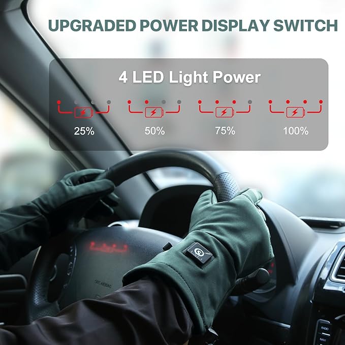 Heated Gloves for Adults - Rechargeable Battery, 3 Heat Settings, Water Resistant Touchscreen Compatible for Women Men Winter Sports, Motorcycling, Hunting Outdoor Activities