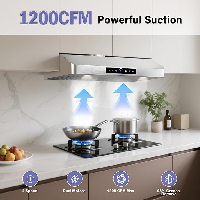 30" Under Cabinet Range Hood,1200CFM Vent Hood with Powerful Suction,4-Speed Exhaust Fan,Stainless Steel Ducted Kitchen Exhaust Hood with Led Lights,Smart Touch Panel, 15S-E30