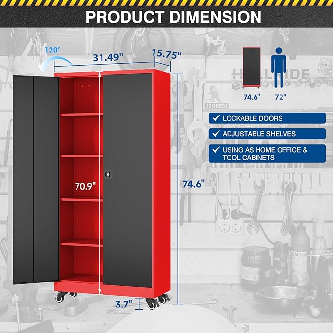 Metal Rolling Storage Cabinet-74.6” Tall Steel File Cabinets with Wheels Lockable Doors and Adjustable Shelves-Black & Red Steel Storage Cabinet for Home, School, Office, Garage