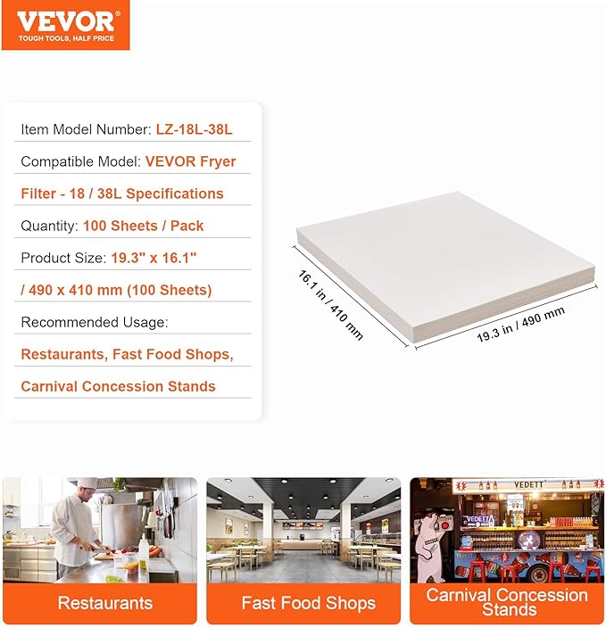 VEVOR Fryer Filter Paper 100-Pack, Oil Filter Paper 19.3" x 16.1", Suitable for 18L-38L Mobile Fryer Filtration Units, Ideal for Restaurants, Fast Food Outlets, and Festival Food Booths