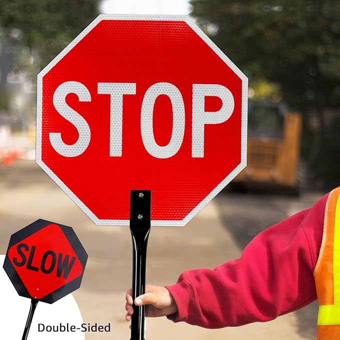 GicnKeuz Stop Slow Sign with Metal Handle, 18x18 inches Double Sided Slow/Stop sign, Traffic Reflective Aluminum Sign, Fade Resistant/Waterproof, Easy to Mount (1 Pack)