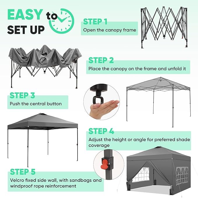 Saemoza 12x12 Pop Up Canopy Tent with One Push Setup, Portable Sun Shade Tent, Instant Easy Up Canopy with 4-Sidewalls & Wheeled Bag, Outdoor Fldable Gazebo with Vent Top, Grey.