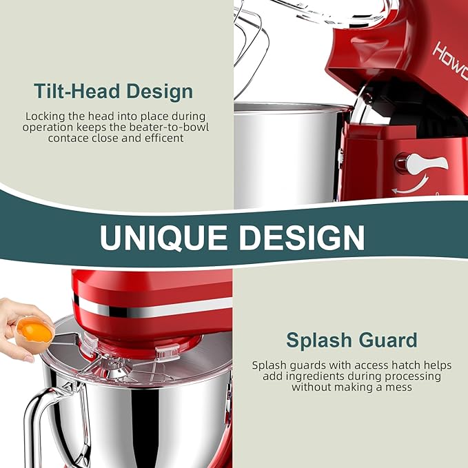 HOWORK Electric Stand Mixer,10+p Speeds Kitchen Mixer With 6.5QT Stainless Steel Bowl,Dough Hook, Wire Whip & Beater,for Most Home Cooks (Red)