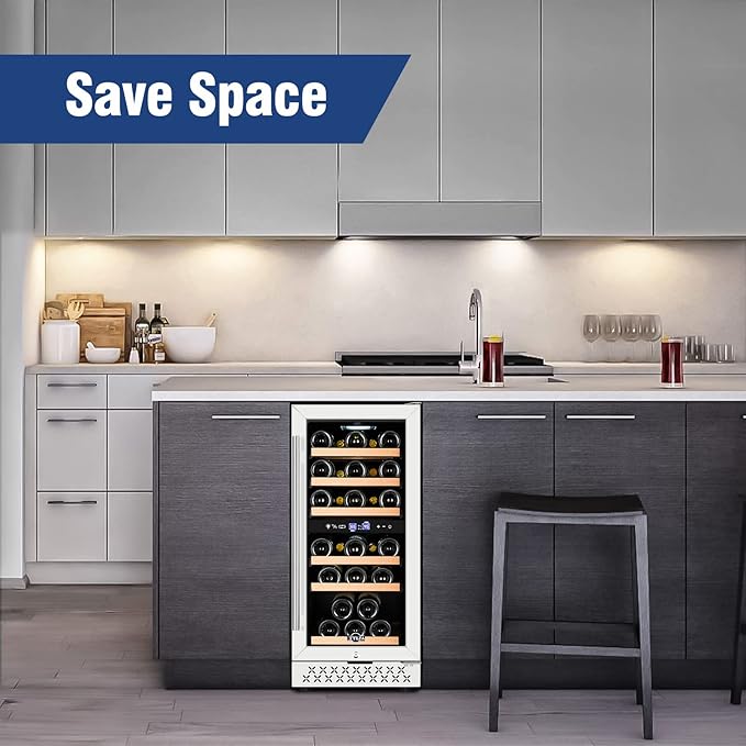 Tylza Mini Fridge 15 Inch Wine Cooler Under Counter, 30 Bottles Dual Zone Wine Fridge with Stainless Steel, Wine Refrigerator Freestanding, Built-in Wine Cellars