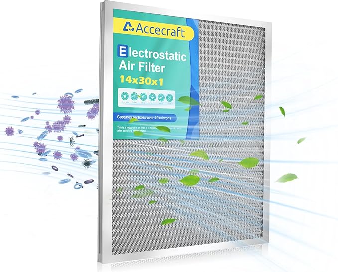 14x30x1 Electrostatic Air Filter, Washable & Reusable Aluminum AC/HVAC Furnace Filter, MERV 8, Lasts a Lifetime, Healthier Home or Office(Actual Size: 13.77"x29.52"x0.86")