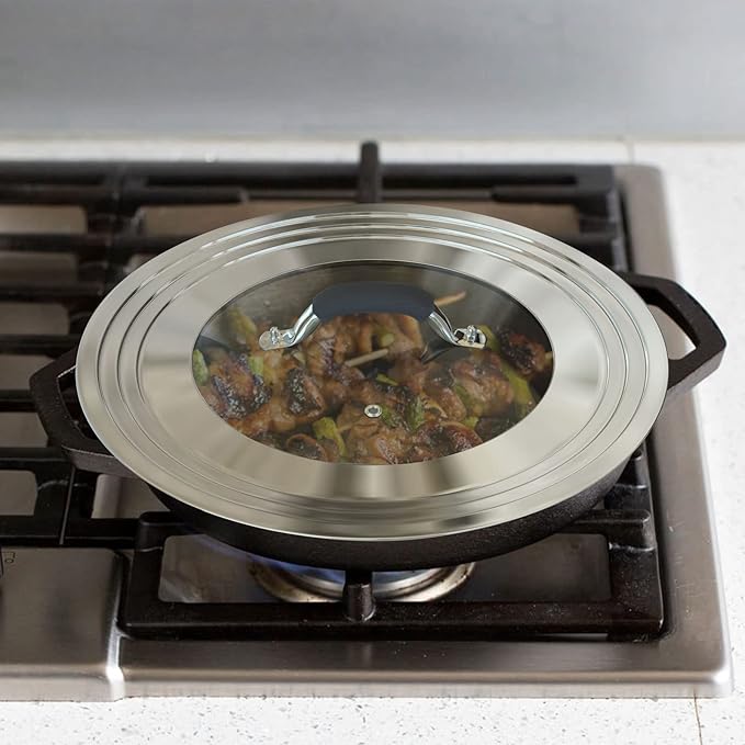 15 Inch Large Universal Pans Pots Lid Cover Fits 11/12/13/14/15" Frying Pans/Pots/Woks, Stainless Steel and Tempered Glass Lid with Vent Hole and Heat Resistant Handle