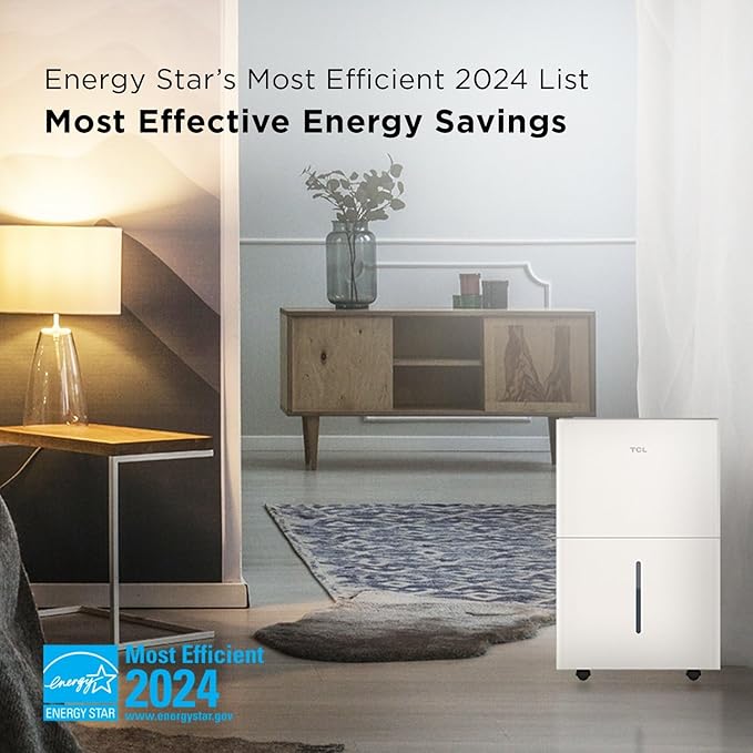 TCL 2000 Sq. Ft. Smart Dehumidifier, Energy Star Most Efficient 2024, Ultra-compact, 25 Pints Per Day, Ideal for Basements, Rooms, and Other Living Spaces, Works with Alexa/Google Assistant – H25D44W