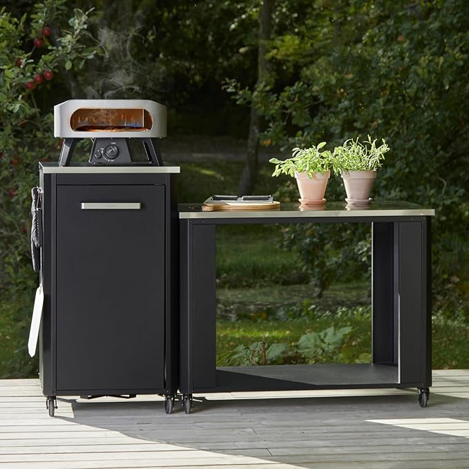 Outdoor Kitchen Table for Pizza Oven & Grill - Tall 110 cm 43" Height - Stainless Steel Worktop, 4 Wheels with Brakes, Modular Design, Storage Space & Hooks, Weatherproof & Robust Cabinet Cart