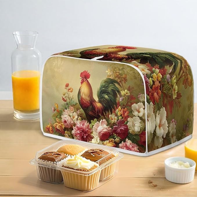 UNICEU Rooster Floral Print Toaster Cover 4 Slice Small Kitchen Appliance Covers Bread Machine Protection with Top Hook
