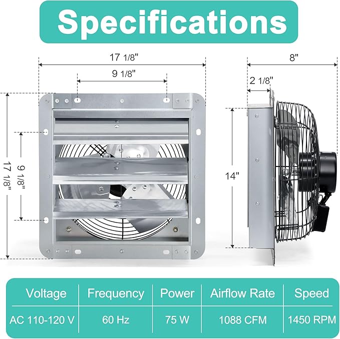 14 Inch Shutter Exhaust Fan, Wall Mount Attic Fan with Power Cord for Greenhouses, Sheds, Garages, Chicken Coops, Barns Ventilation, 1088 CFM High Power