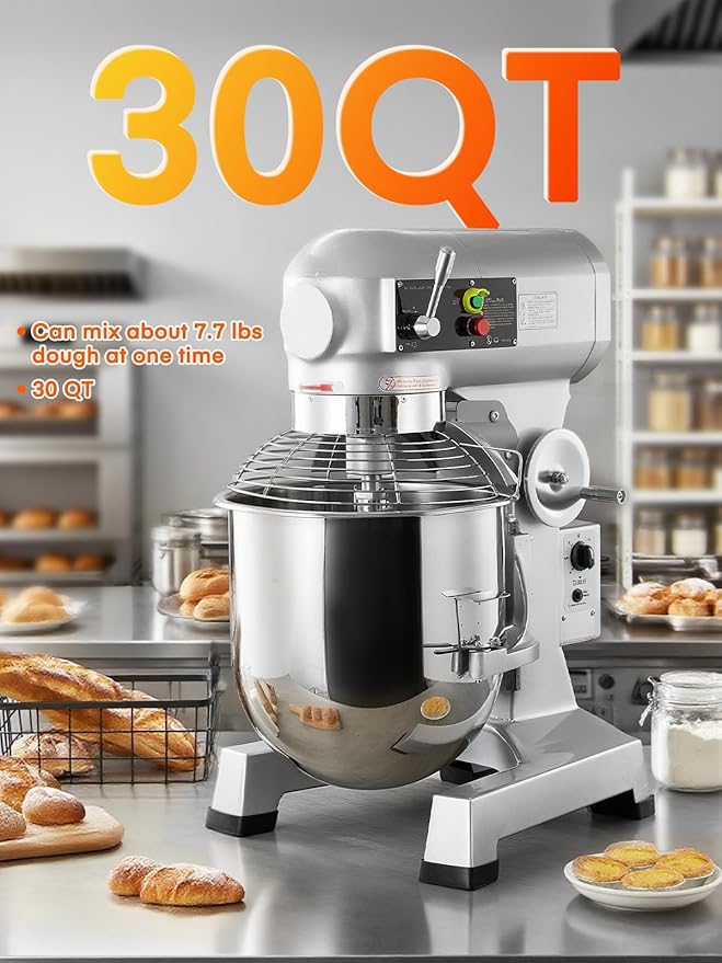 Commercial Mixer, 15/30QT Commercial Food Mixer, Dough Mixer with Stainless Steel Bowl, 3 Speeds Adjustable and Safety Guard, Dough Hook Whisk Beater Included, Ideal for Bakery Pizzeria (30QT)