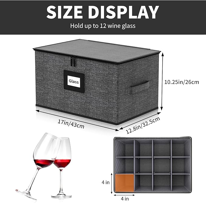 Aokeyee 2-Pack Wine Glass Storage Box with Dividers, Hard Shell Stemware Case Holds 24 Crystal Glasses & Drinkware, for Moving & Protection, Grey
