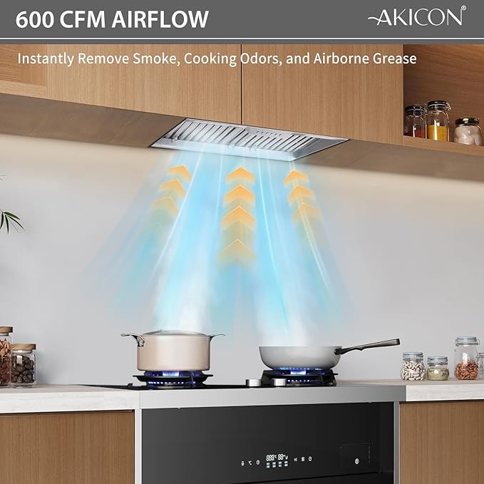 Akicon 30 Inch Range Hood Insert with Heater Sensor, 600 CFM Ultra-Quiet Stainless Steel Ducted Vent Hood Insert with 4 Speed Fan, Dimmable LED Lights and Dishwasher Safe Filters