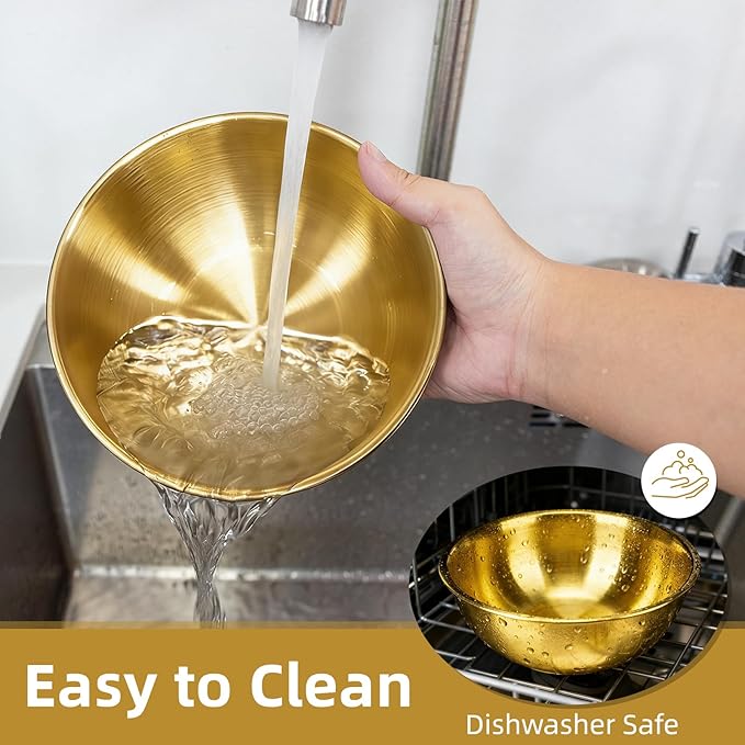 3-Piece Stainless Steel Golden Mixing Bowls (7.1") Metal Bowl with Measurement Marks, Dishwasher Safe & Stackable - Perfect for Baking, Salad Making, Meal Prep and Kitchen Use