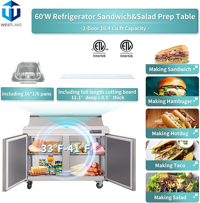 WESTLAKE 60" W 2 Door Refrigerator Sandwich & Salad Prep Table Commercial Stainless Steel Counter Fan Cooling Refrigerator with 16 Pans-60 Inches for Restaurant, Bar, Shop, etc