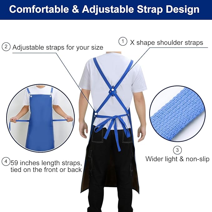 Heavy Duty Vinyl Industrial Anti-Tear Apron, 43" x 26" Waterproof, Chemical Resistant, Blue, Unisex-Adults