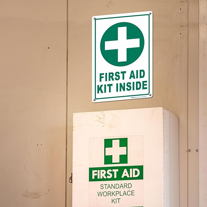 Brimar - 7" x 10" - First Aid Kit Inside Sign - Polyethylene Plastic - Bold Text And Symbol - Easy Installation