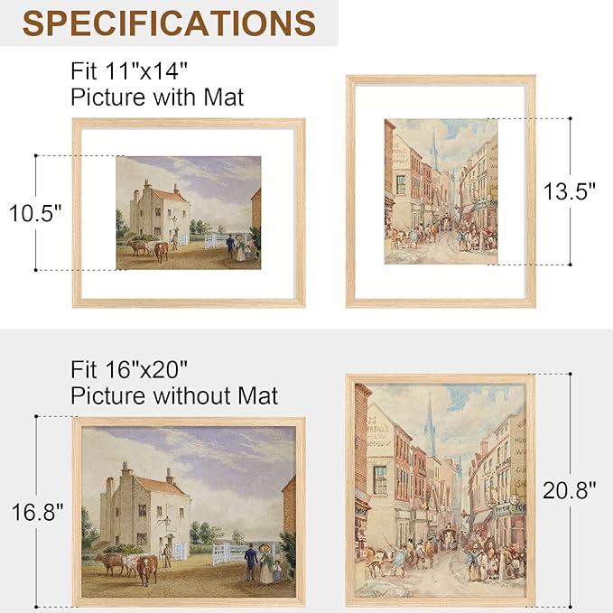 Vittanly 16x20 Picture Frame, Solid Wood Frame with Plexiglass, Includes 11x14 Mat, Wall Hanging for Photos, Home Decor, Natural, 1 Pack