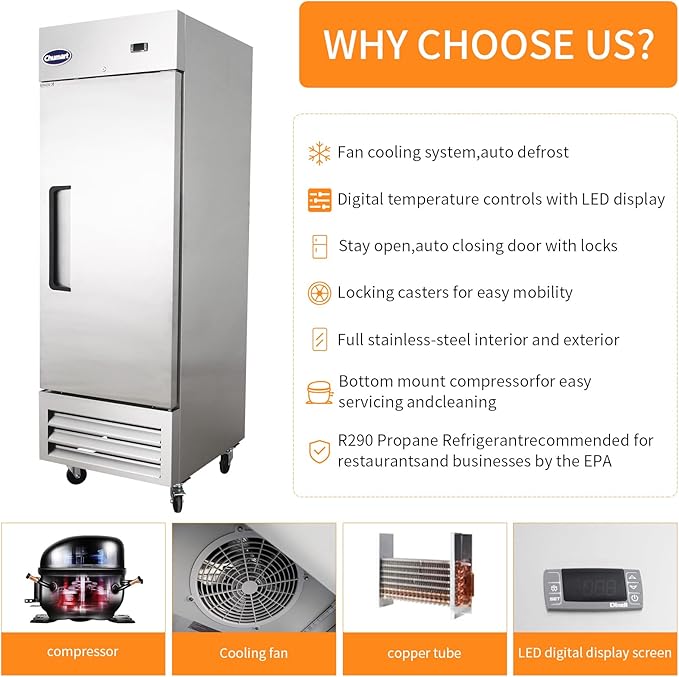 27" W Commercial Refrigerator Single Door 23 Cu.ft Commercial Fridge Fan cooling Stainless Steel Reach-in Refrigerator with Digital Thermostat for Restaurant, Bar, Commercial Use, etc