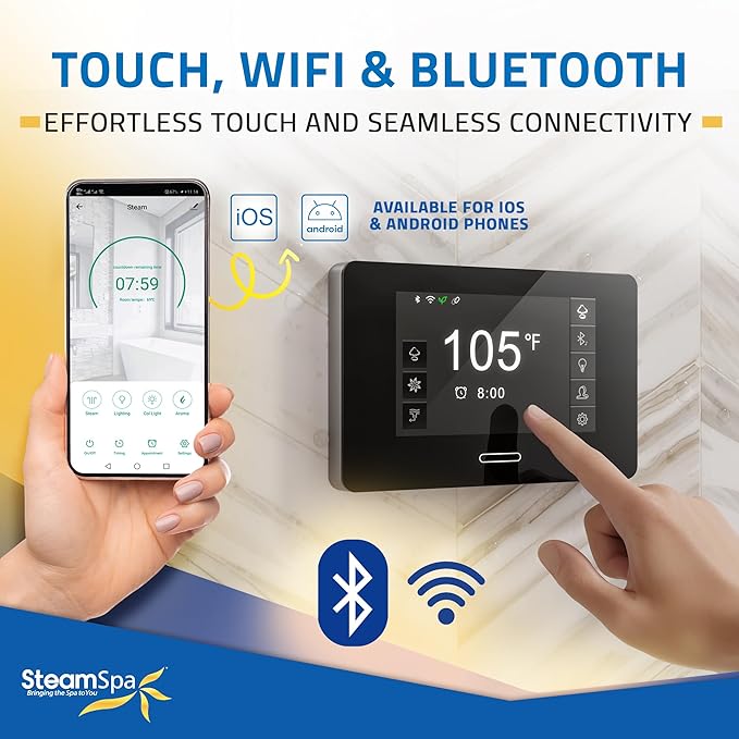 SteamSpa Steam System 7.5kW Steam Shower Generator with Bluetooth Wifi, Quickstart Continous Steam, Advanced Touch Pad Screen, Chroma Lights, Drain Pan and Auto Drain Chrome RVBS750CH-A