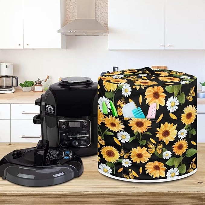 Flashideas Sunflower Butterfly Pressure Cooker Cover with Storage Pocket Compatible with 8 10 Quart Instant Pot, Durable Rice Cooker Air Fryer Accessories, Waterproof Kitchen Appliances Dust Cover