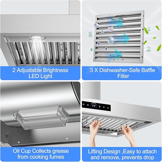 36 inch Range Hood Wall Mount, 1200 CFM with 4-Speed Gesture Sensing & Touch Control, Stainless Steel Kitchen Stove Vent Hoods with 2 LED Lights, Time Setting, Dishwasher-Safe Baffle Filters