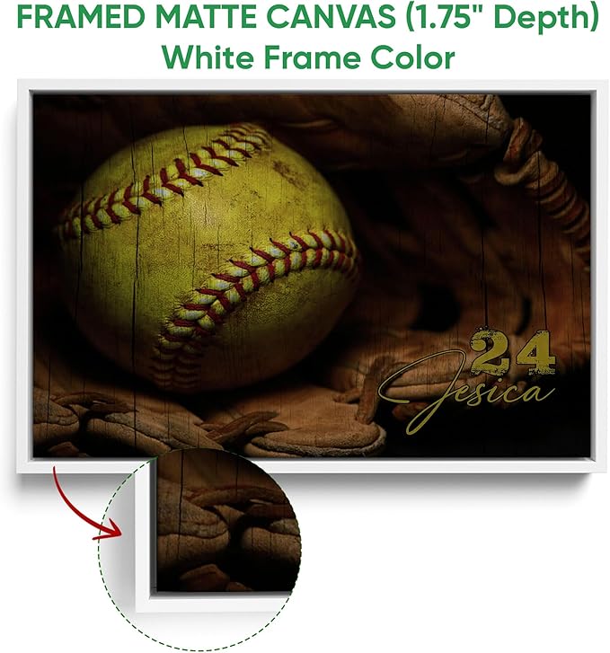 Personalized Softball Poster & Framed Canvas - Softball And Gloves Vintage Home Office Decor, Custom Name Number Bedroom Living Room Aesthetic Wall Art Gift For Daughter, Softball Player