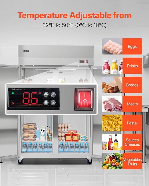 VEVOR Commercial Reach-In Refrigerator 48" W, 33 Cu.Ft Stainless Steel Upright Refrigerator with Double Glass Doors, Auto-Defrost, 6 Adjustable Shelves, 32 to 50℉ Temp Control, UL Certified