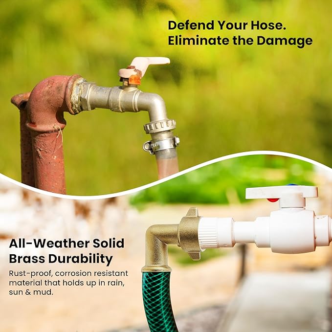 90-Degree Brass Garden Hose Elbow Connector (2-Pack) – 3/4" Heavy-Duty Hose Adapter with Extra Washers, Solid Brass Angled Fitting for RVs, Outdoor Faucets, Spigots & Lawn Irrigation