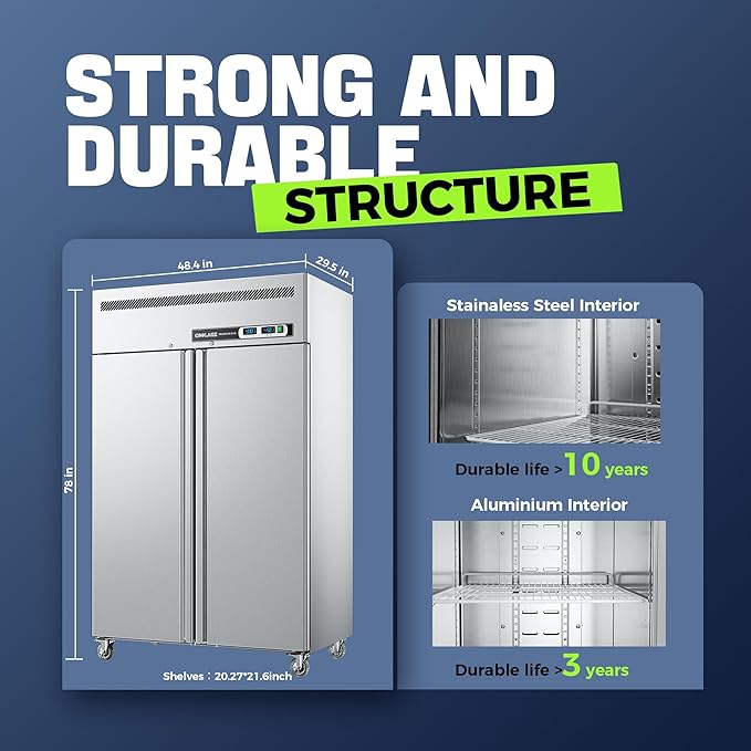 Coolake 48" W 2 Door Commercial Refrigerator and Freezer Combo, 36 Cu.ft 2 Section Stainless Steel Solid Door Fan Cooling Upright Reach in Freezer for Restaurant, Bar, Shop, Garage