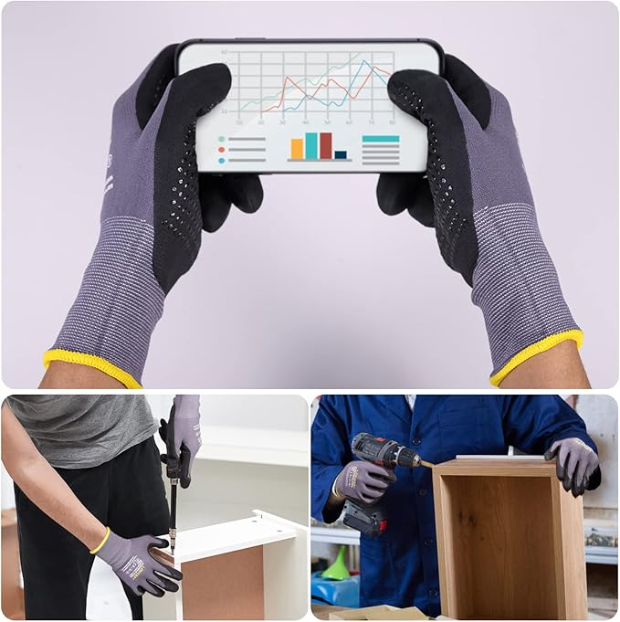LOCCEF Work Gloves MicroFoam Nitrile Coated-6 Pairs,Endurance Seamless Knit Nylon,Dots on palm,Tacky Dot Grip Gloves