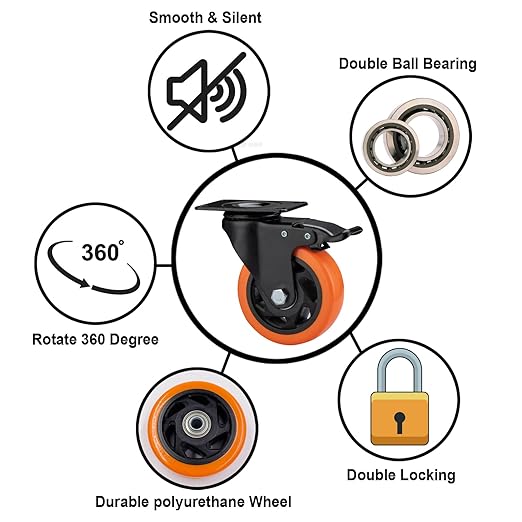 4" Caster Wheels, Casters Set of 4 Heavy Duty - Orange Polyurethane Castors, Top Plate Swivel Wheels, 4-Pack Industrial Casters with Brake, Locking Caster for Furniture and Workbench