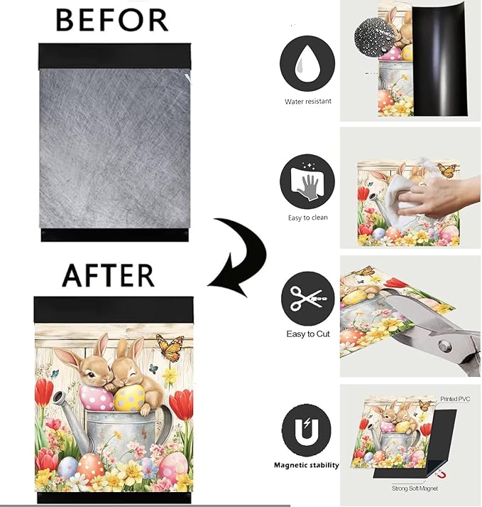 Easter Bunnies Dishwasher Magnet Cover,Pastoral Flowers Butterfly Magnetic Dishwasher Cover Vinyl Sticker,Eggs Fridge Door Cover Magnets Art Skin Panel Decal,Home Decor Decal,23"X26"