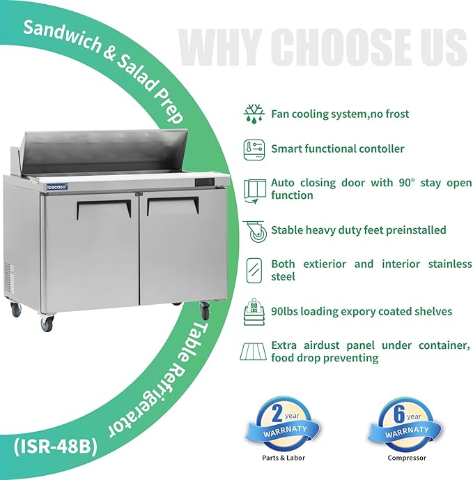 ICECASA 48" W Commercial Refrigerator Sandwich&Salad Prep Table 2 Door Stainless Steel Counter Fan Cooling Refrigerator with 12 pans-48 Inches for Restaurant, Bar, Shop, etc