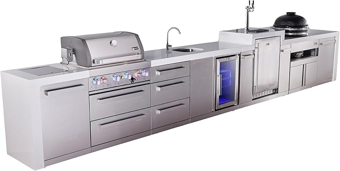 Mont Alpi Premium 4-Burner 226" Deluxe Stainless Steel Island Modular Outdoor Kitchen Island BBQ Gas Grill + Side Burner + Beverage Center Faucet Sink + Kegerator + Kamado + Storage Drawers & Cabinets
