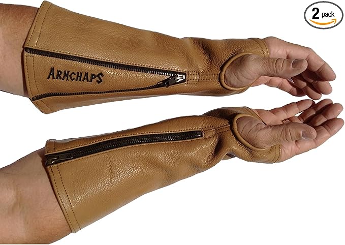 Arm Chaps Leather Protective Sleeves Arm Guard - Prevent Cuts, Scratches & Bruises - Genuine Cowhide - Ideal for Gardening & Construction - Left & Right Form-Fitting. Brown (1 Pair/Large).