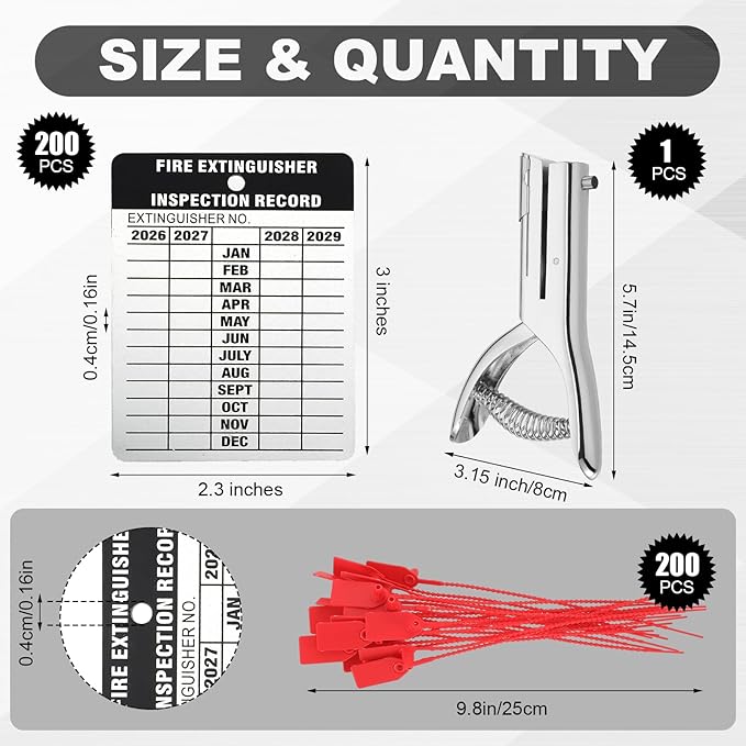 Moxweyeni 200 Set Fire Extinguisher Tag Bulk 2026-2029 Monthly Aluminum Metal Fire Extinguisher Inspection Record Tags with Tamper Seals & Hole Puncher - Tear Proof Weatherproof for Indoor Outdoor
