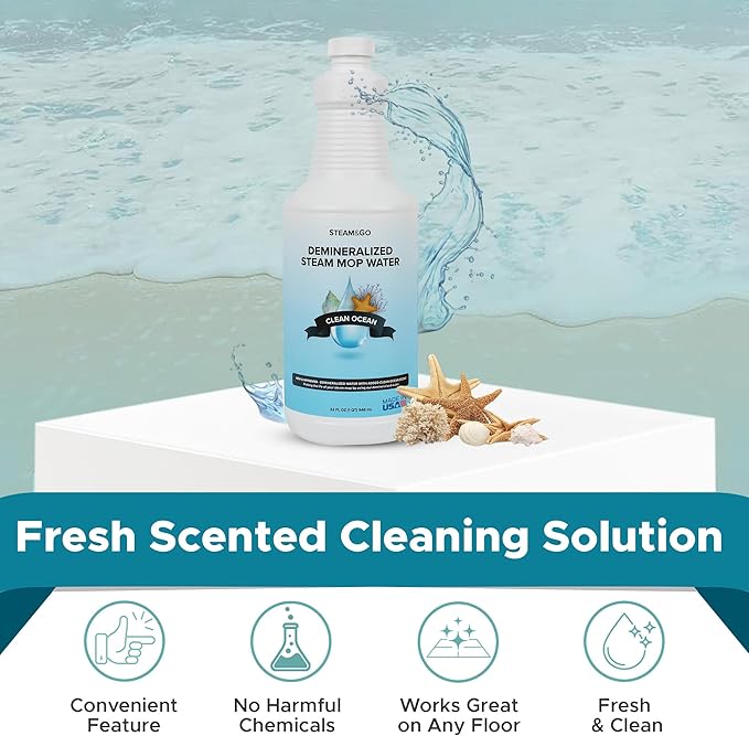 Steam & Go Demineralized Water Cleaning Solution for Floor & Multi-Surface Steam Cleaners - Compatible for All Steam Mops - Clean Ocean Scent, 32 oz