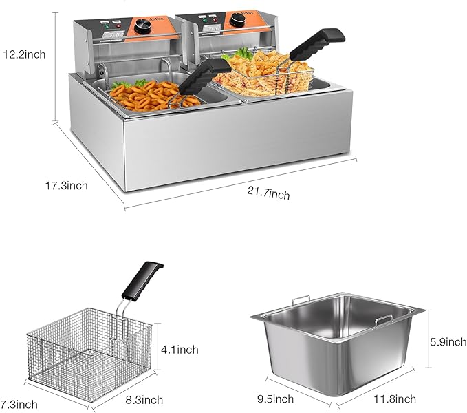 Commercial Deep Fryer 20.7Qt/20L Dual Tank Deep Fryers with Baskets 0.8mm Thickened Stainless Steel Electric Countertop Fryer with Adjustable Temperature, 1700w x2, 110v