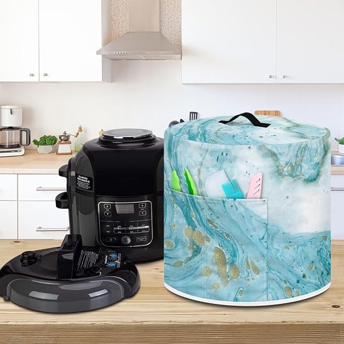 Flashideas Blue Marble Print Pressure Cooker Cover for Women Dust Protection Insulated Rice Cooker Cover with Easy to Clean Lining Dust Cover with Pockets for Instant Pot 6 Quart Appliance Cover