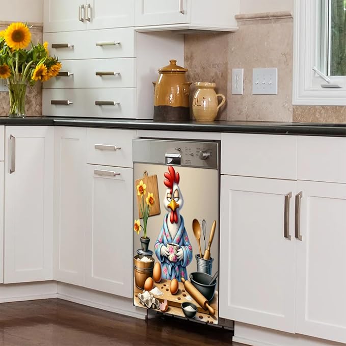 Rooster Funny Egg Flower Dishwasher Magnet Cover for The Front Dishwasher Door Cover Panel Decals Magnetic Refrigerator Cover for Kitchen Farmhouse Home Decor 23 X 26 in