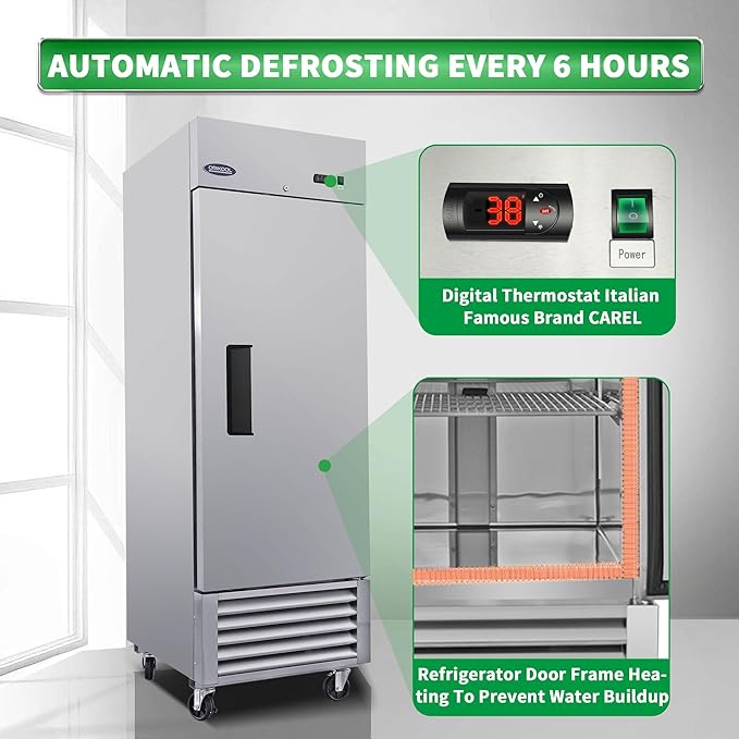 mikibama 27"W Commercial Refrigerator with Single Solid Door 23 Cu.ft Reach-In Refrigerators Stainless Steel ETL Approved Upright Fridge Storage for Restaurant,Temp Control 34℉~40℉, LED Light