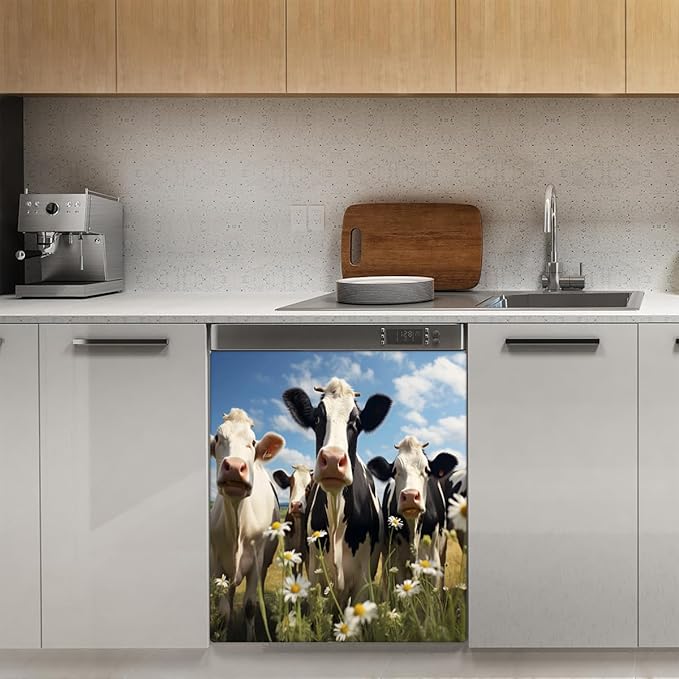Dishwasher Magnet Cover Farm Animal Cow Daisy Reusable Dishwasher Magnetic Cover Sticker Decorative Dish Washer Door Cover Panel for Home Kitcen Appliance