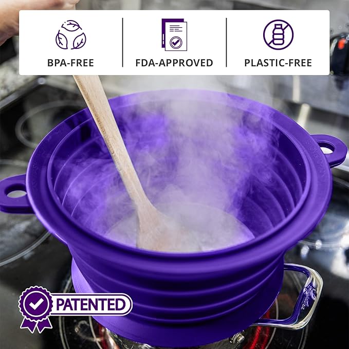 L.I.Q Silicone Splatter Guard – Fits 8 and 10 Inch Pots (20 and 25 Centimeters) – Microwave Safe and Durable SplatterDom - Includes 8” Lid - Food and Oil Splash Guard (Violet, Small)