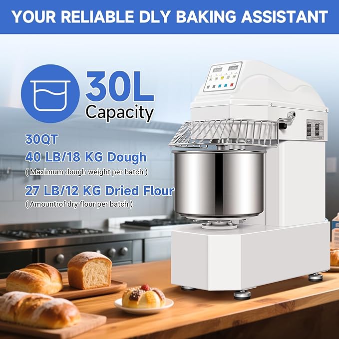 40lbs/30Qt Commercial Spiral Dough Mixer with Timer, 1800W Electric Dough Kneading Machine with 304 Stainless Steel Bowl, Touch Screen,2 Speeds Dual Rotation for Restaurant, Bakery, Pizzeria
