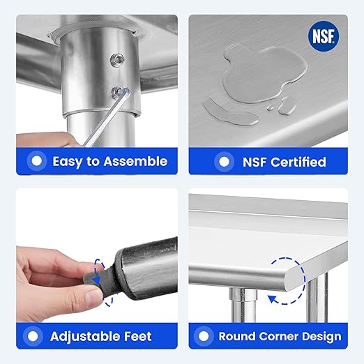 Hally Sinks & Tables HStainless Steel Table for Prep & Work 24 x 72 Inches, NSF Commercial Heavy Duty Table with Undershelf and Backsplash for Restaurant, Home and Hotel